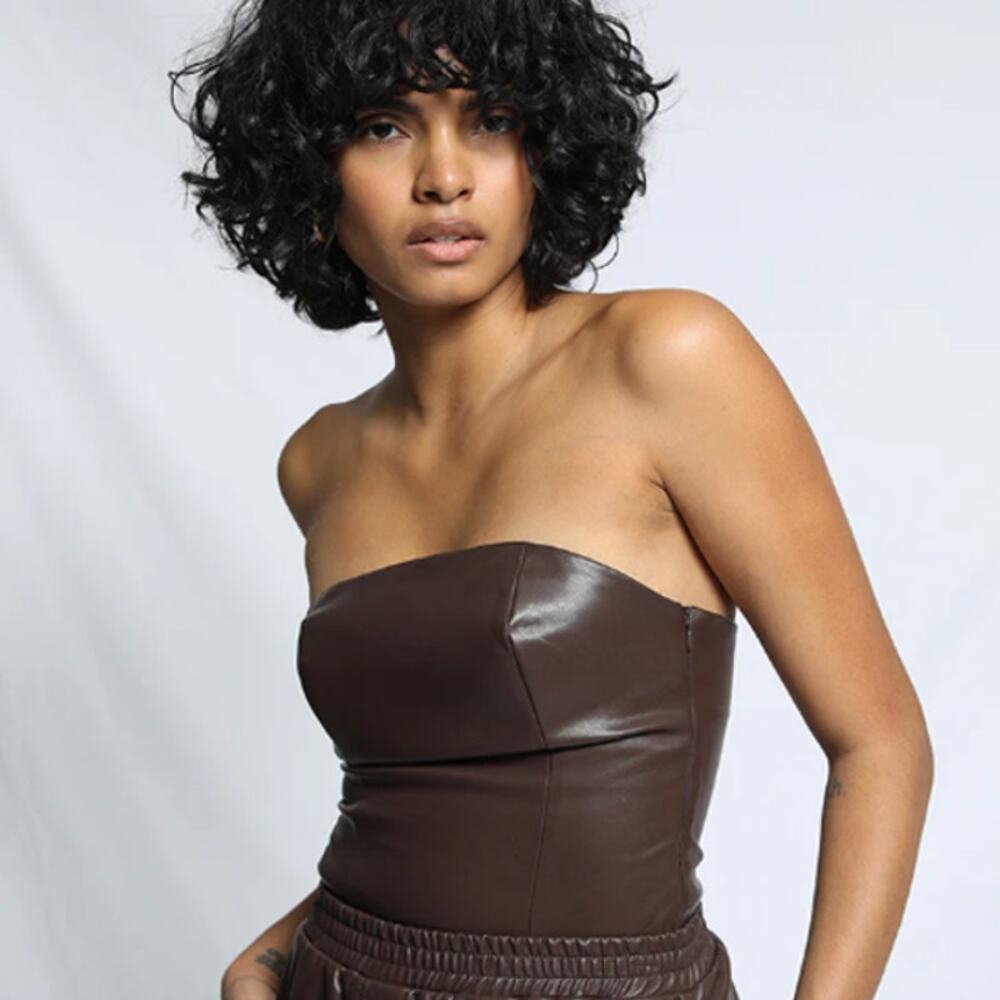 THE RANGE Plush Vegan Leather Bustier Large Chocolate Brown Strapless NWOT